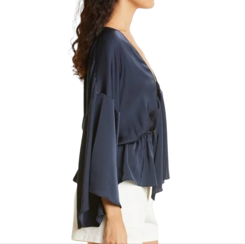 Ramy Brook Navy Blue Katrina Tie Neck Bell Sleeve Blouse - Size Large - Picture 3 of 10